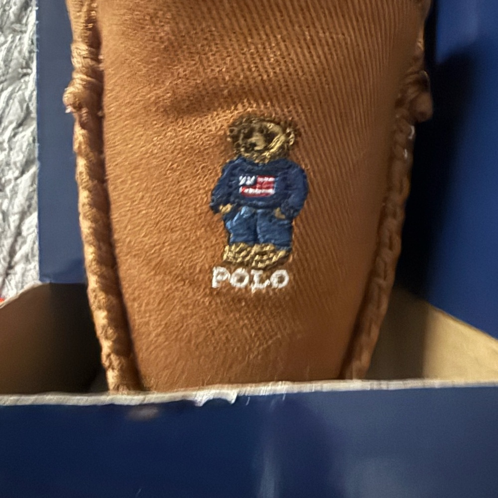 Polo Ralph Lauren Brown Leather Moccasin with Bear Embroidery